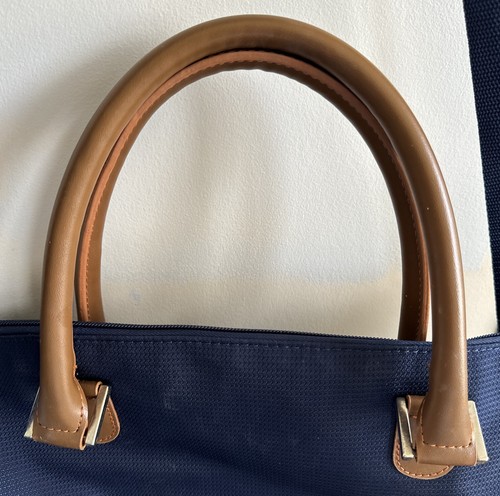 Samsonite Luggage Fold Over Tote Travel Navy Blue Brown Leather Trim Vintage - Picture 7 of 18