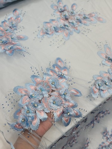 Sky Blue 3d Lace Rhinestones Fabric By The Yard Gown 3d Floral Flowers Prom Brid - Picture 5 of 10