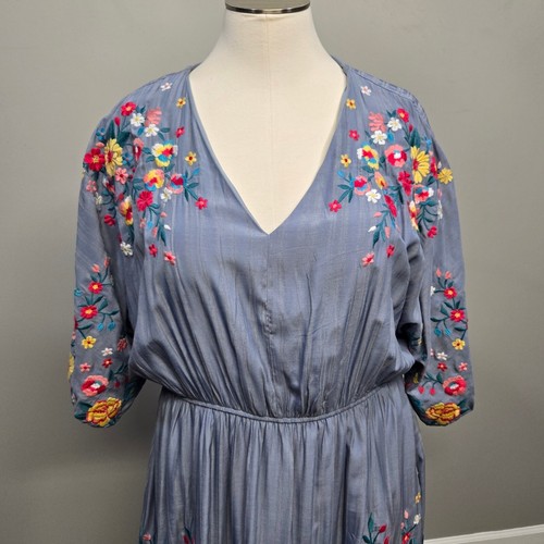 Savanna Jane Minikleid Übergröße 3X Boho Landhaus Blumen Stickerei Blau Blouson - Bild 4 von 9