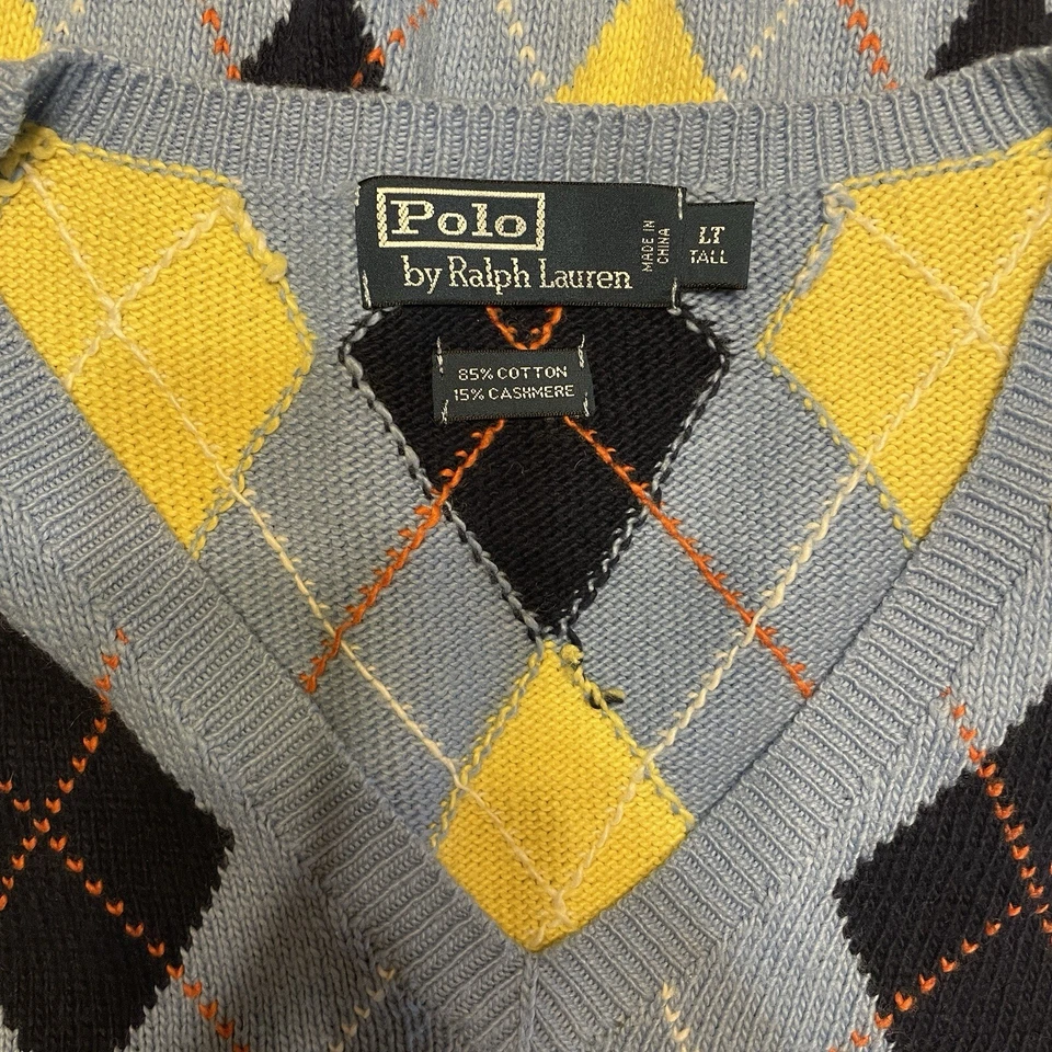 Polo Ralph Lauren Hombre Grande Alto Argyle Suéter Chaleco Azul y Amarillo Cachemira Foto 3 de 4
