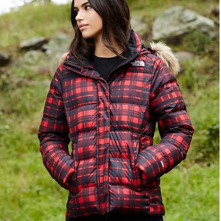 North Face TNF Gotham Hooded Puffer Down Jacket Red Plaid w/ Faux Fur XS    NWT