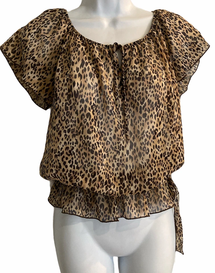 Y2K Womens Sheer Brown Animal Print Blouse Size small Cinched Waist Mob Wife Top - Image 2 of 4