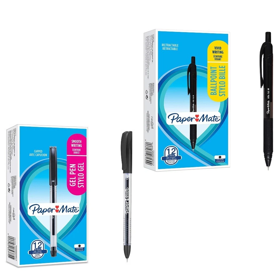 Black Ballpoint Pens x 12 Paper Mate Alfa Retractable Medium 1.0mm or Gel Pens