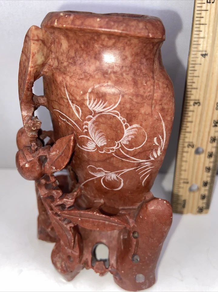 "Florero vintage de flores talladas en piedra de jabón rojo asiático oriental 5x4x3""" Foto 2 de 4