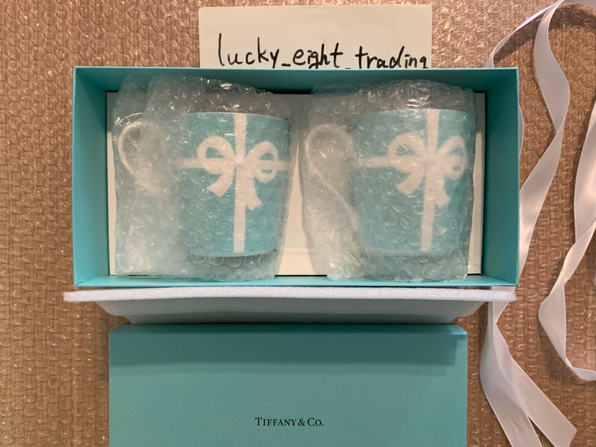 Tiffany Co Blue Ribbon Porcelain Mug Gift Present 2 Cup