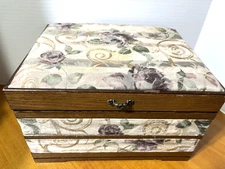 Sewing Box W/Tray Wood and Tapestry Floral Pastel 12.5"x 9.75"x 7.75" Vintage