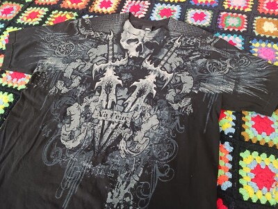 Vintage Y2K No Fear Shirt Mens XL Black Gray Skulls Sword All Over
