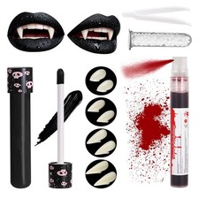 Fake Blood Spray and Vampire Fangs Teeth Set, 4 Pairs 4 Sizes Fangs with Soli...