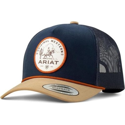 Ariat Mens Desert Scene Patch Adjustable Snapback Trucker Cap Hat, Navy/Tan