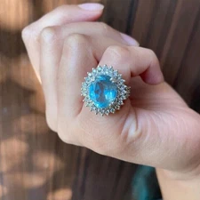 3.60 Ct Oval Cut Blue Topaz & Moissanite Ring 14k White Gold Finish
