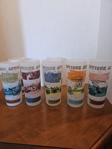 ANTIQUE AUTOS FROSTED GLASSES HIGHBALL COLLINS TUMBLERS, VNTG SET OF FIVE