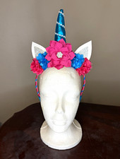 Handmade Unicorn Headband Blue and Pink Flower Crown One Size