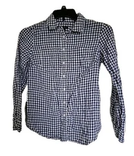 Talbots Linen Shirt Size S Blue Gingham Plaid Button Front Blouse Long Sleeve