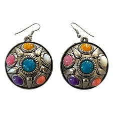 Boho Hippie Domed Silver Tone Vintage Earrings Multicolor Cabochons French Wires