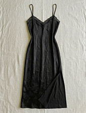 Vtg 90s August Silk Black Lace Floral Jacquard Maxi Slip Dress M Whimsygoth Goth