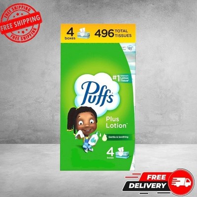 Puffs Plus Lotion Facial Tissues, 4 Family Boxes, 124 tissues per box