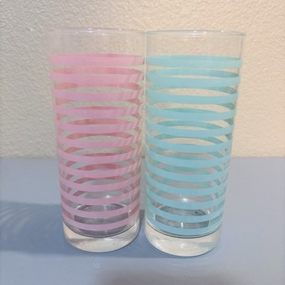 2 Libbey Vintage Mid Century Modern Retro Teal Pink Striped Highball Bar Glasses