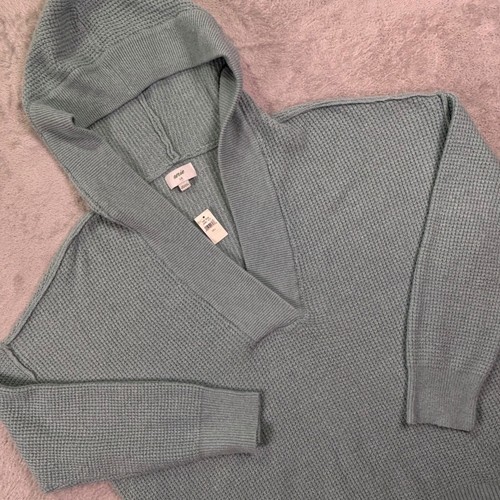 NWT Aerie Women Hoodie Sz L Blue Waffle Knit Oversized V-Neck Pullover 2485-313