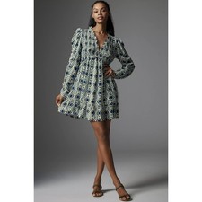 By Anthropologie Long-Sleeve V-Neck Ruffle Mini Dress