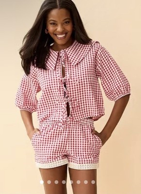 Vigoss Red Gingham 2 Piece Set Peter Pan Collar Tie Front Top Lace Trim Shorts L
