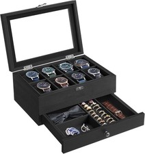 Watch Box with 8 Slots, 2-Tier Wood Watch Case with Large Glass Lid, Watch Pi...