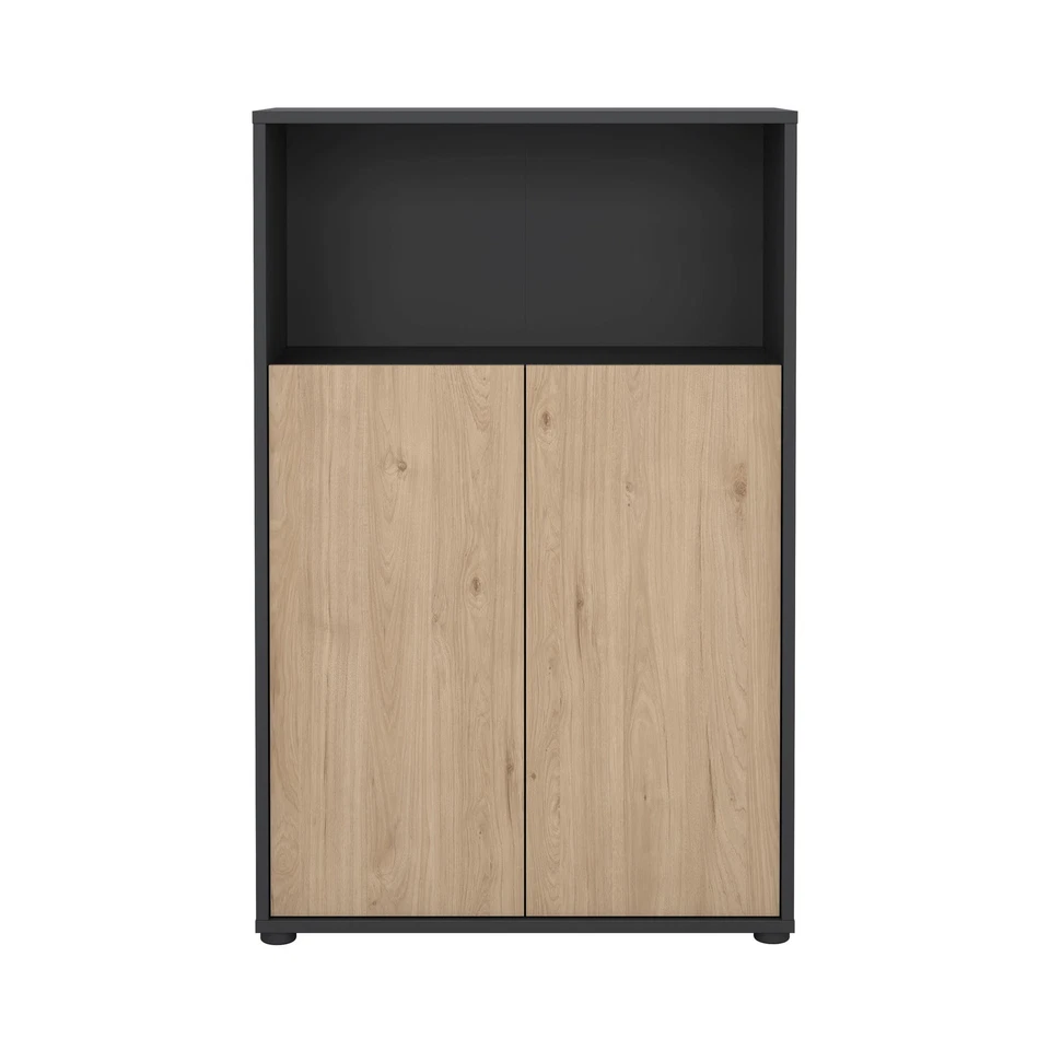 Librería Tvilum Sign ajustable de 3 estantes para oficina en casa con puertas en negro y roble Foto 2 de 4