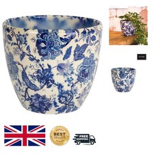 Charming Blue Floral Ceramic Planter, 15.5Cm - Perfect for Tables and Shelves