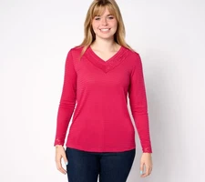 LOGO by Lori Goldstein Women's Top Sz XL V- Neck Waffle Mesh with Red A625356