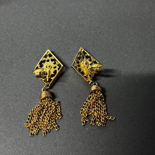 Orecchini Vintage Monet Clip-On Pendenti Nappa Tono Oro Filigrana Diamante Firmati - Foto 4 di 12