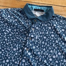 Greyson Performance Golf Polo Shirt AOP Trees Leaves Nature Mens L Stretch Blue