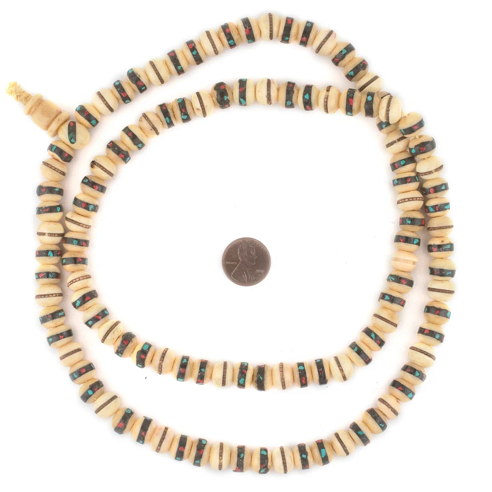 Beige Inlaid Bone Mala Beads 10mm Nepal Multicolor Round Large Hole - Image 2 of 4