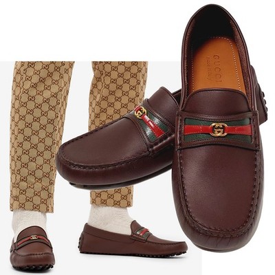 GUCCI SHOES MENS AYRTON DRIVER w WEB GG MOCCASINS BROWN LEATHER sz 7 7.5 US