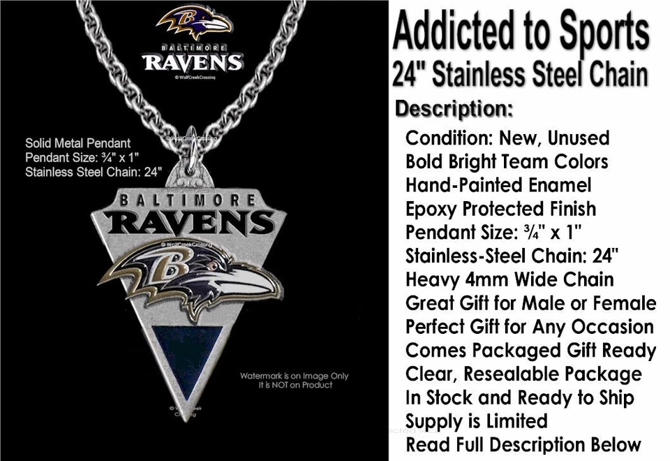 Baltimore RAVENS Necklace Stainless Steel Chain NFL Football ¾" x  1"  Logo  #C' - Image 2 of 4