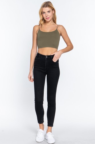 Women Round Neck Two Ply Knit Cami Crop Top Double Elastic Strap - Picture 42 of 86