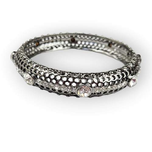 Rhinestone Bangle Bracelet Chunky Perforated Dark Silver Tone Curved ~9" Around - Picture 12 of 12