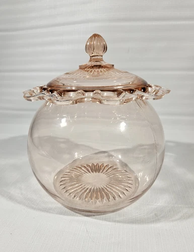 Vintage Old Colony Lace Edge Open Lace Pink Depression Glass Cookie Jar