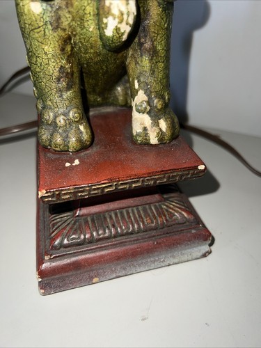 Pair of 2 Vtg Chinese Foo Dog Table Desk Lamps Green Brown 14" Tall - Picture 6 of 13