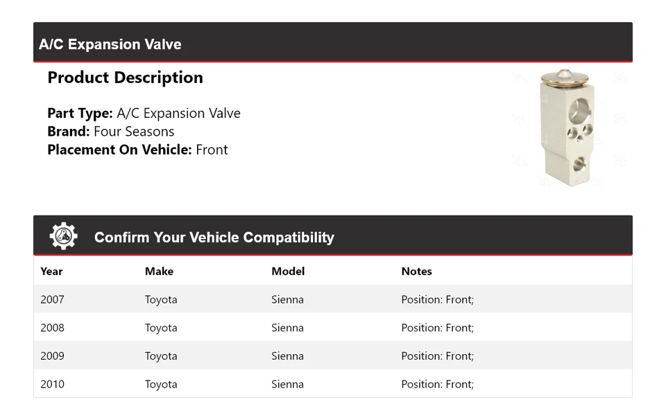 For 2007-2010 Toyota Sienna A/C Expansion Valve Front 4 Seasons 2008 2009 - Image 2 of 4