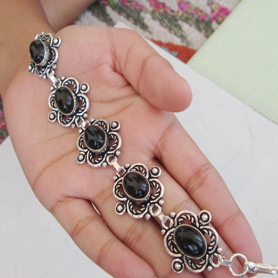 Handmade jewellery silver overlay black onyx cabochon love bracelet jewelry - Image 4 of 4