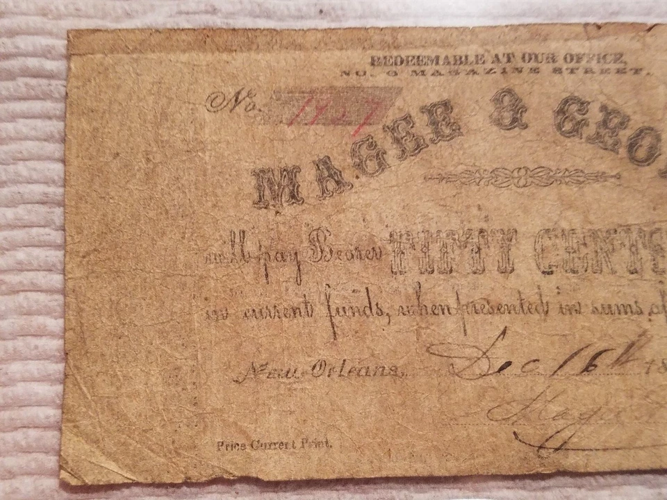 1861 Magee & George 50 Cents Confederate New Orleans Louisiana Note Banknote 50c - Image 3 of 4