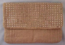 EUC Deux Lux Natural Khaki Linen Clear Rhinestone Clutch Handbag Purse