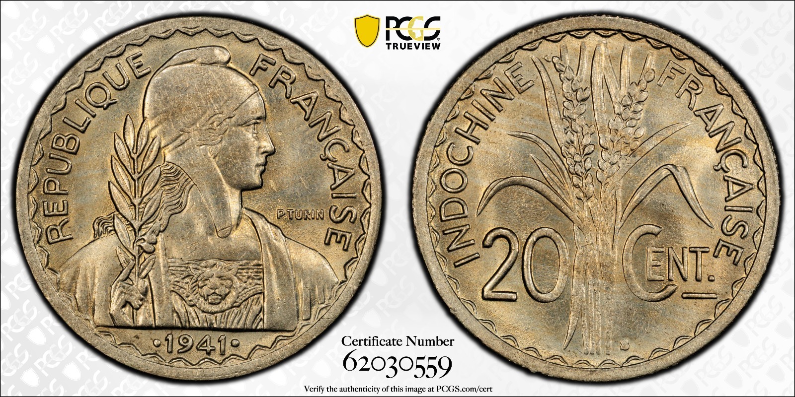 French Indochina 20 Cents 1941S (San Francisco Mint) PCGS MS 64