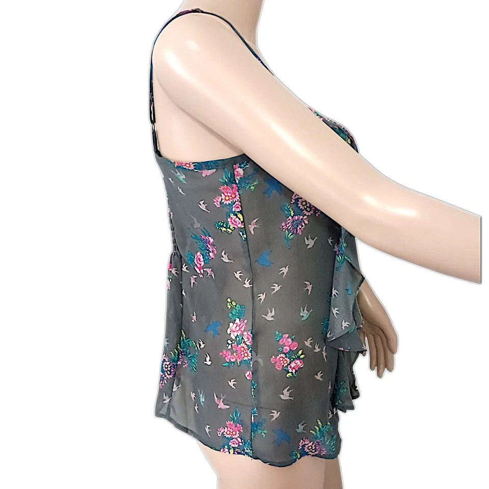 Y2K 荷叶边娃娃背心 M Cami 浪漫花卉鸟童话垃圾小屋 — 第 4/4 张图片