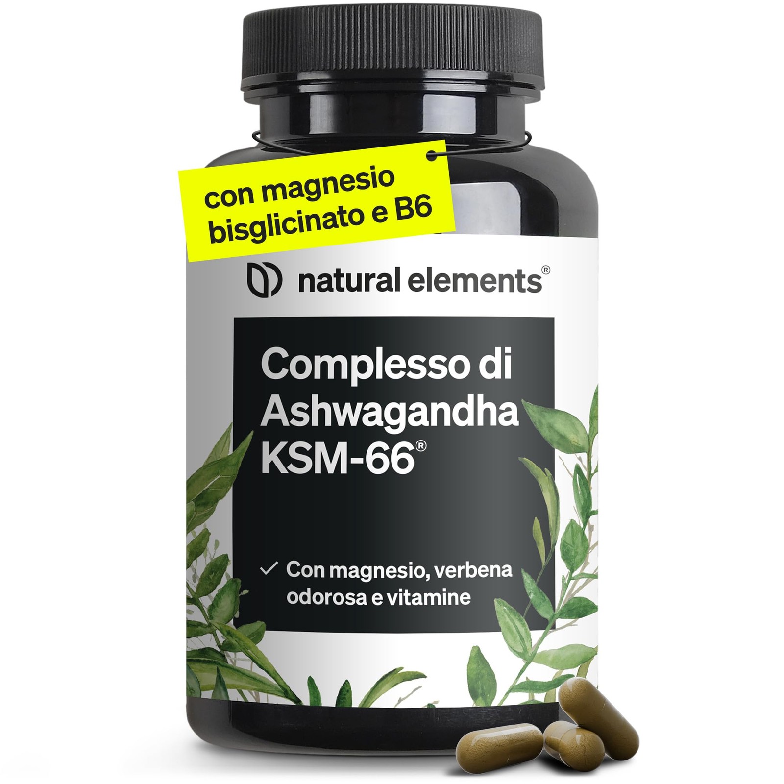 Ashwagandha KSM 66 120 Capsule completo con Magnesio Bisglicinato Vitamine B6