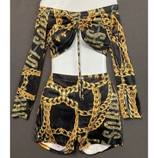 Women’s Off Shoulder Crop Top & Short Set L Black Gold Chain Link Graphic Print
