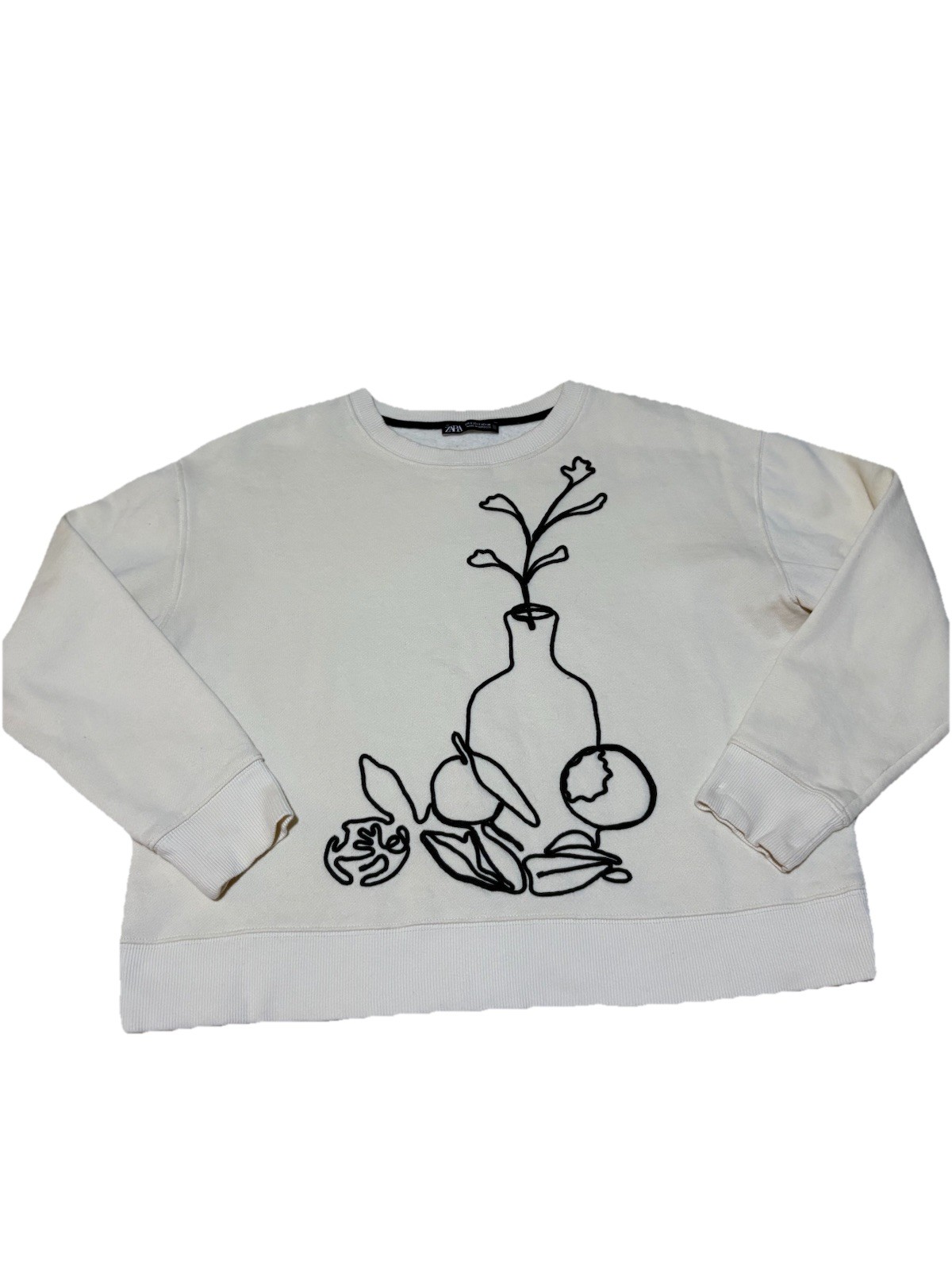 Zara Cream Sweatshirt Womens Small Abstract Vase Floral Pullover Cozy