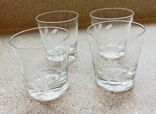 H413~Vintage Federal Glass Set of 4 Rocks Whiskey Glasses ROYAL ROSE Etched Rose