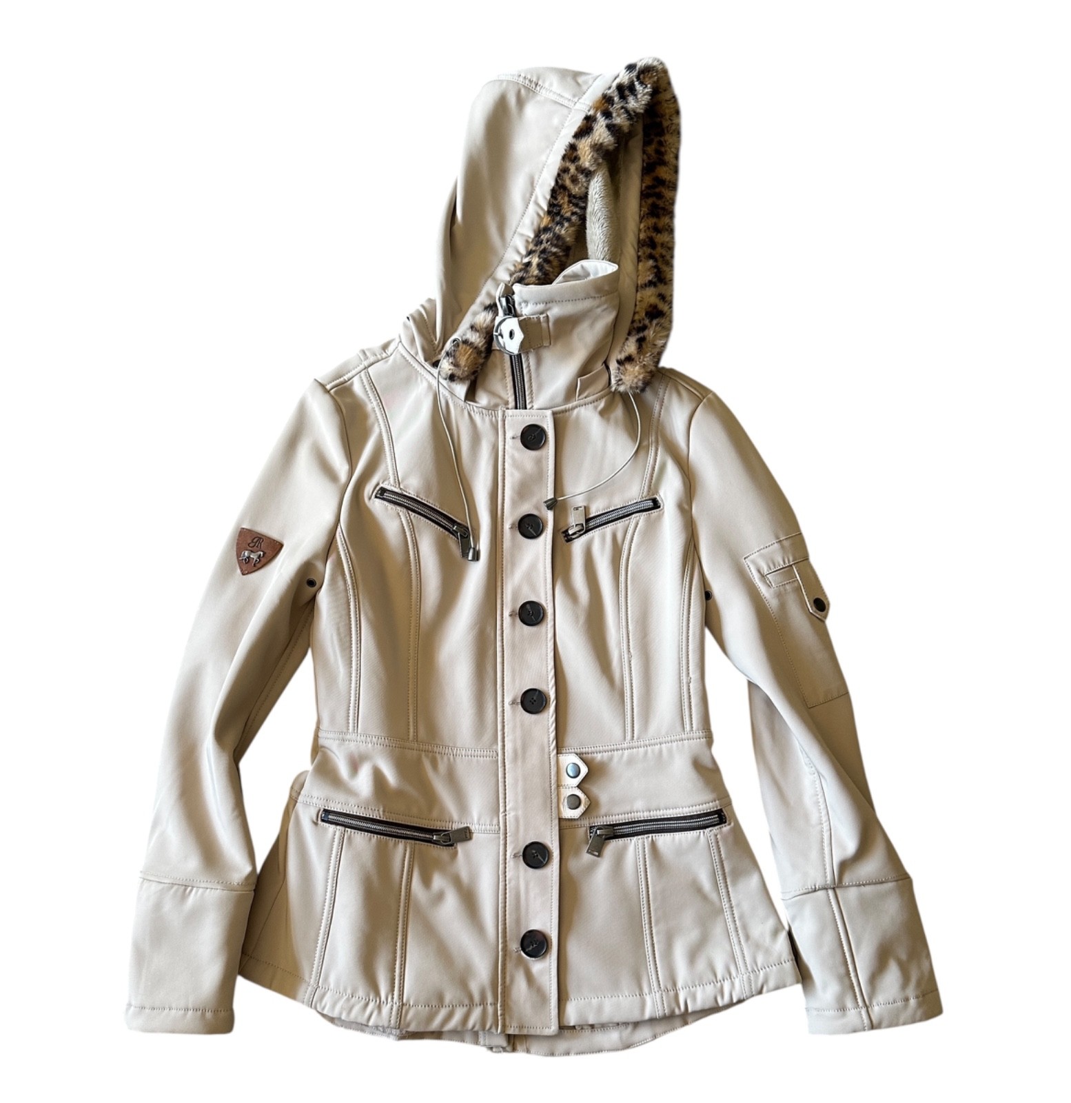 Goode Rider Beige Fur Lined Hooded Coat  Cargo Parka Jacket Women Small