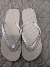 Women's Gray Flip Flops with Glittery Silver Strap