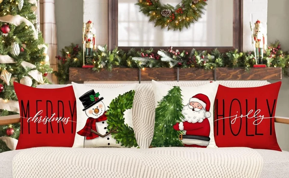 Juego de 4 fundas de almohada rojas de Navidad 18x18 - muñeco de nieve, Santa, árbol, decoración de guirnaldas Foto 2 de 4